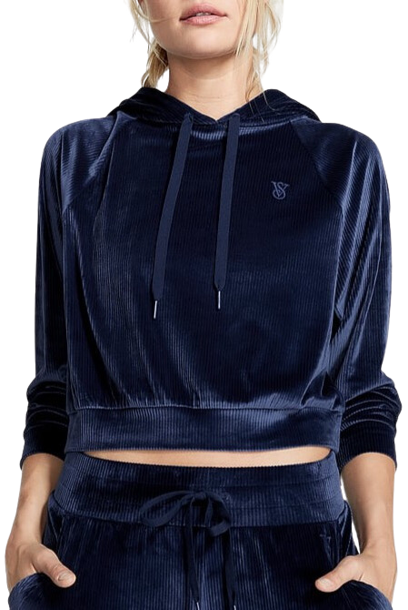 felpa donna Victoria's Secret Ribbed Velour Pullover Hoodie Ensign Navy Graphic tg. M