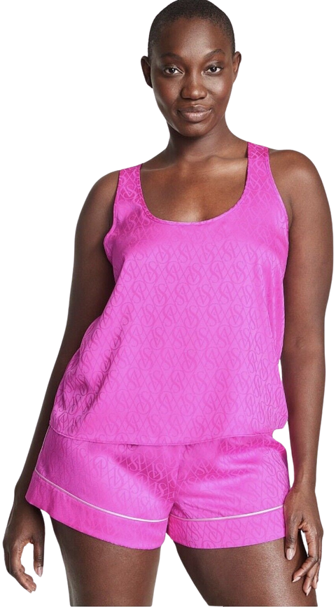 canotta donna Victoria's Secret Satin Racerback Pink Berry Logo tg. M