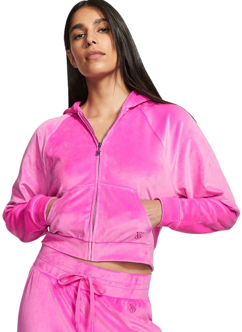 felpa donna Victoria's Secret Velour Full-Zip Hoodie Electric Pink Graphic tg. 170 cm